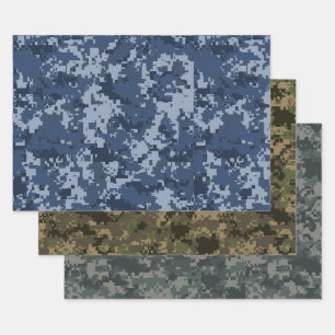 Feuille De Papier Cadeau Bleu, vert et camouflage pixel 3 vert gris