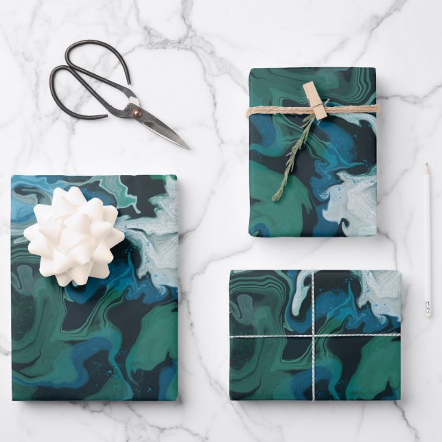 Feuille De Papier Cadeau Bleu Vert Marbré Brochures artisanales (Recto)