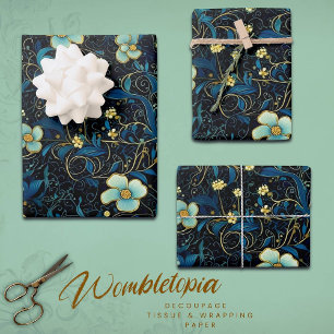 Feuille De Papier Cadeau Bleu vintage, Fleur Turquoise Élégante Découpage