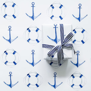 Feuille De Papier Cadeau Bleu voile Ancre et Cercle de Vie Nautique