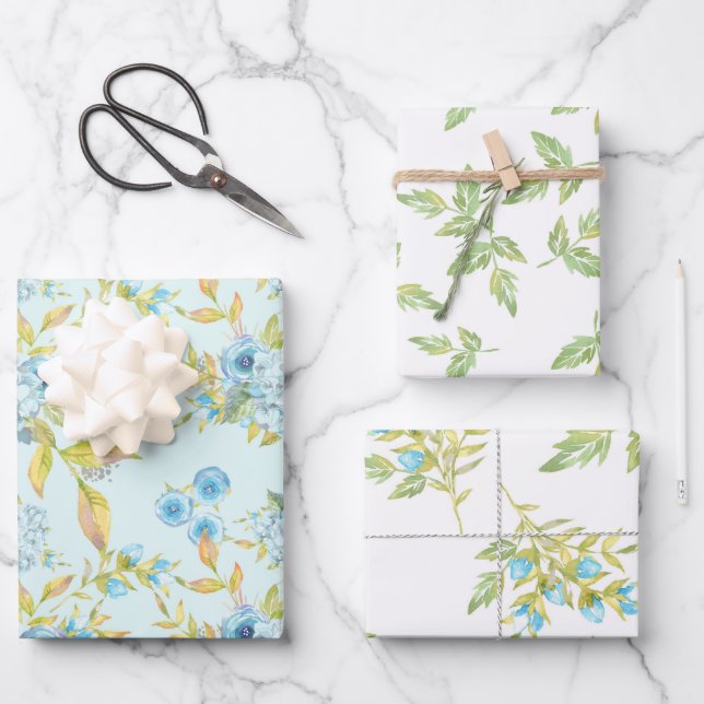 Feuille De Papier Cadeau Bleus Roses et Foliage Assortis (Recto)