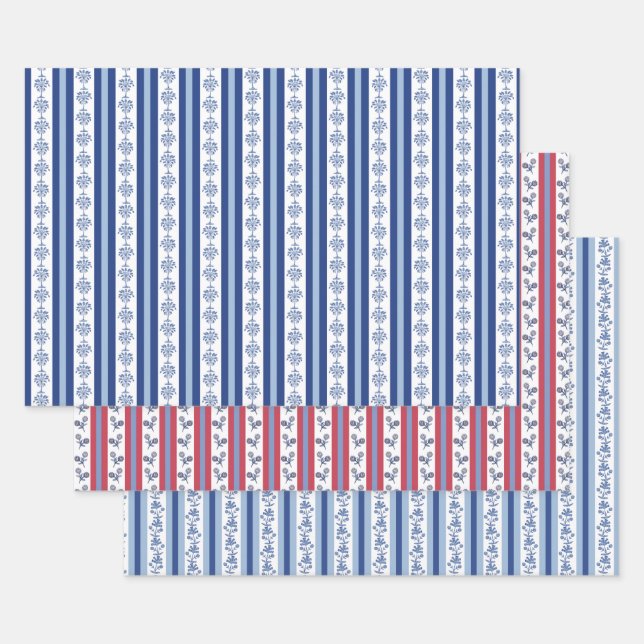 Feuille De Papier Cadeau Block Print Botanical Stripes  (Lot)