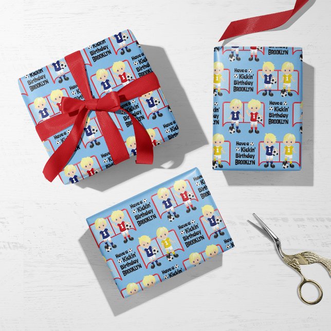 Feuille De Papier Cadeau Blonde Boy Soccer Personnalisé (Créateur téléchargé)