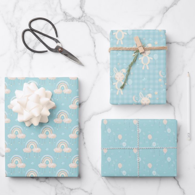 Feuille De Papier Cadeau Blue Baby Boy Rainbow et Rabbit (Recto)