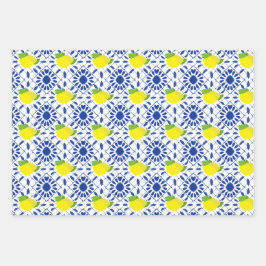 Feuille De Papier Cadeau Blue Geometric Lemon Tile