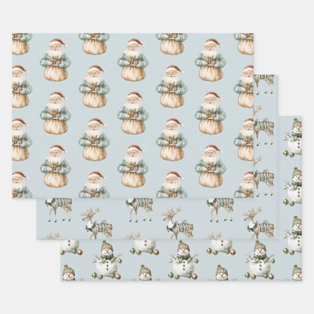 Feuille De Papier Cadeau Blue Green Noël Père Noël Deer Snowman (Lot)
