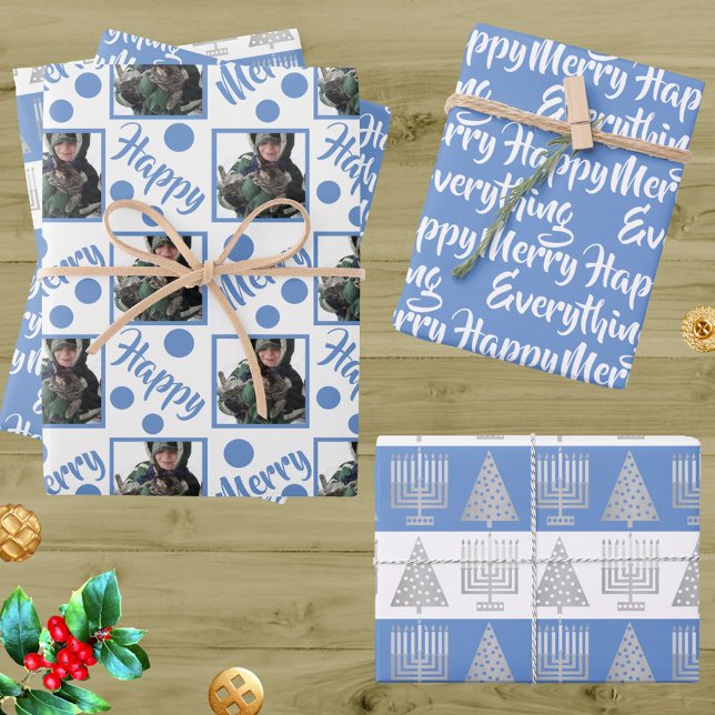 Feuille De Papier Cadeau Blue Merry Happy Everything Photo Typographie (Add your photo to this fun interfaith holiday wrapping paper assortment for Christmas and Hanukkah)