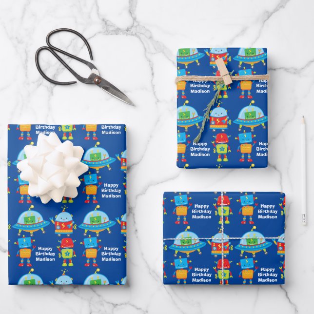 Feuille De Papier Cadeau Blue Robots Cool Custom Anniversaire de enfant Par (Recto)