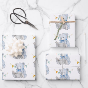 Feuille De Papier Cadeau Blue Teddy Bear lit un livre Baby shower