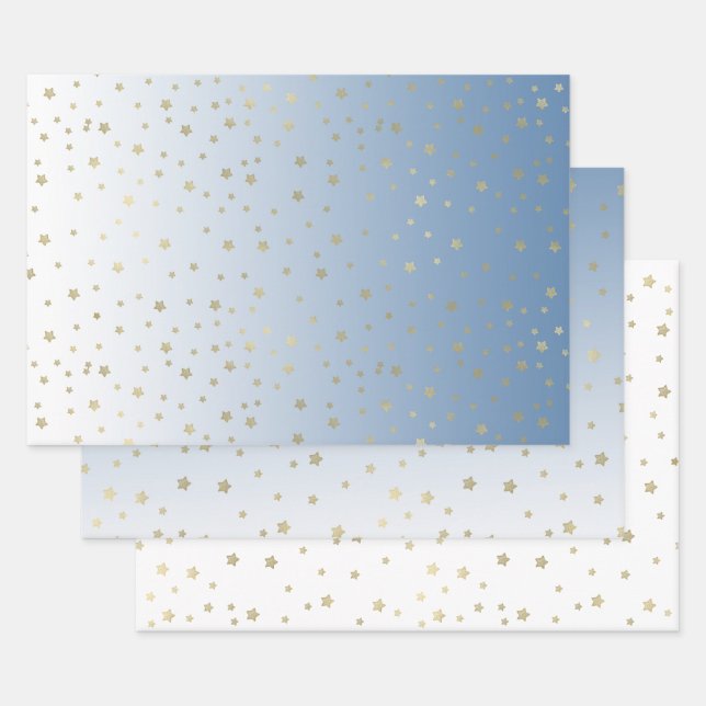 Feuille De Papier Cadeau Blue White Gold Stars Anniversaire (Lot)