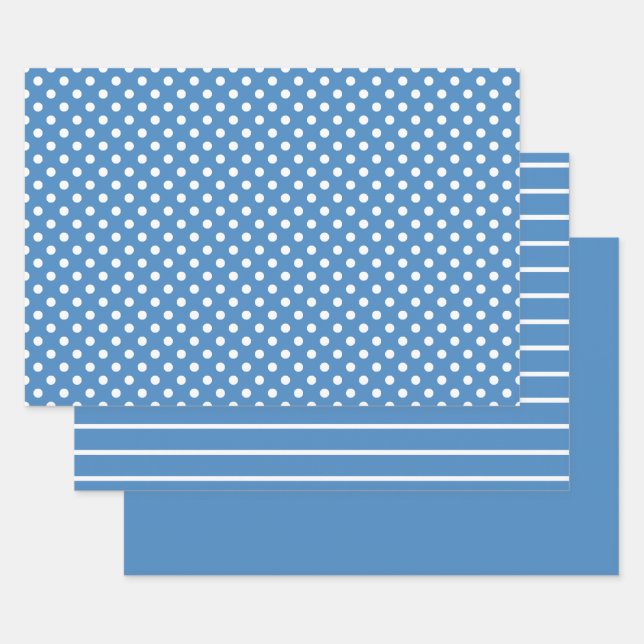 Feuille De Papier Cadeau Blue White Polka Dot Stripes (Lot)
