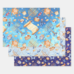 Feuille De Papier Cadeau Blues Hanoukka Chanukah Aquarelle Motif Menorah
