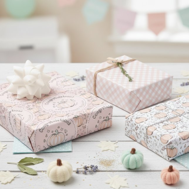 Feuille De Papier Cadeau Blush Pink Citrouille Maman à être Félicitations (Cute Pink Congratulations Little Pumpkin Thanksgiving Baby Shower Wrapping Paper. Gingham Pattern)