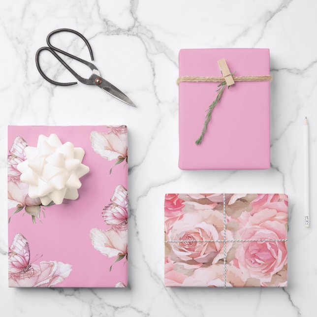 Feuille De Papier Cadeau Blush Pink Rose Butterfly Birthday (Recto)