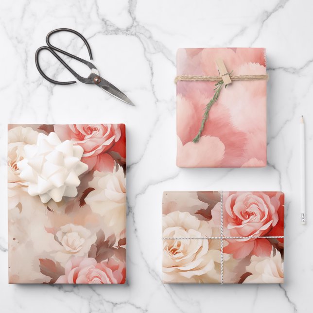 Feuille De Papier Cadeau Blush Rose Foncé Crème Floral (Recto)