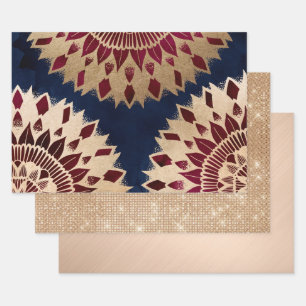 Feuille De Papier Cadeau Bohême Gold Navy Bourgogne main tiré Mandala
