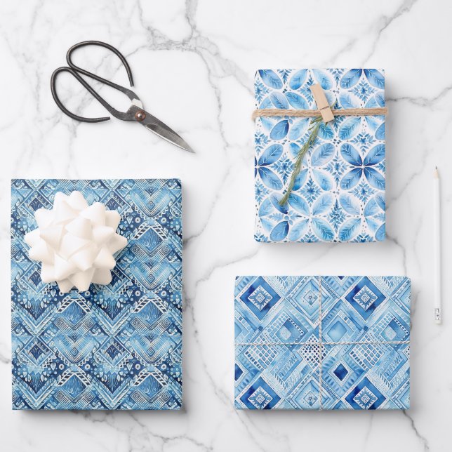Feuille De Papier Cadeau Boho Bleu Blanc Coeurs Floraux Abstraits (Recto)