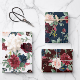 Feuille De Papier Cadeau Boho Bloom   Burgundy Rouge et bleu marine Floral