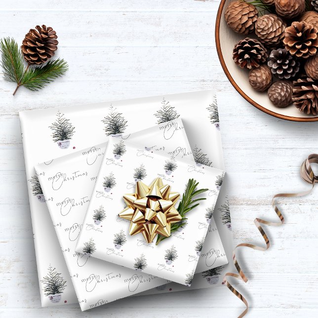 Feuille De Papier Cadeau Boho Chic Aquarelle Arbre de Noël Blanc (Créateur téléchargé)