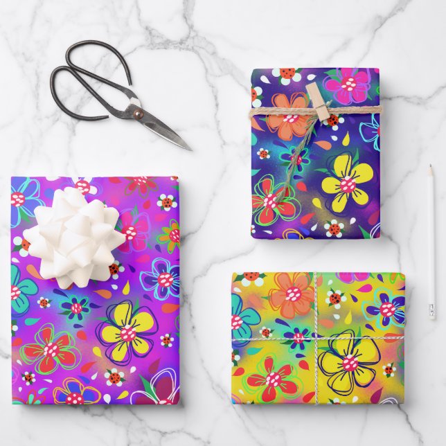 Feuille De Papier Cadeau Boho clair Doodle Fleurs Variété (Recto)
