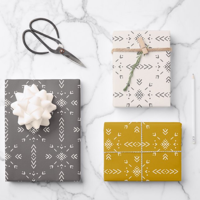 Feuille De Papier Cadeau Boho crème, gris et jaune design (Recto)