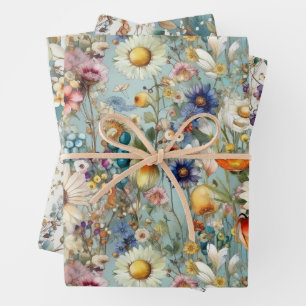 FEUILLE DE PAPIER CADEAU BOHO ÉTÉ FLEUR SAUVAGE FLORAL