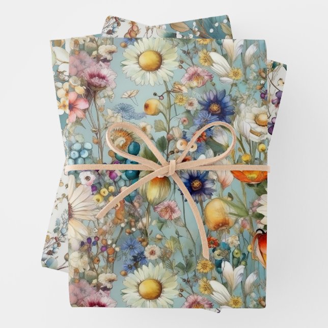 FEUILLE DE PAPIER CADEAU BOHO ÉTÉ FLEURS SAUVAGES FLORAL (En situation)
