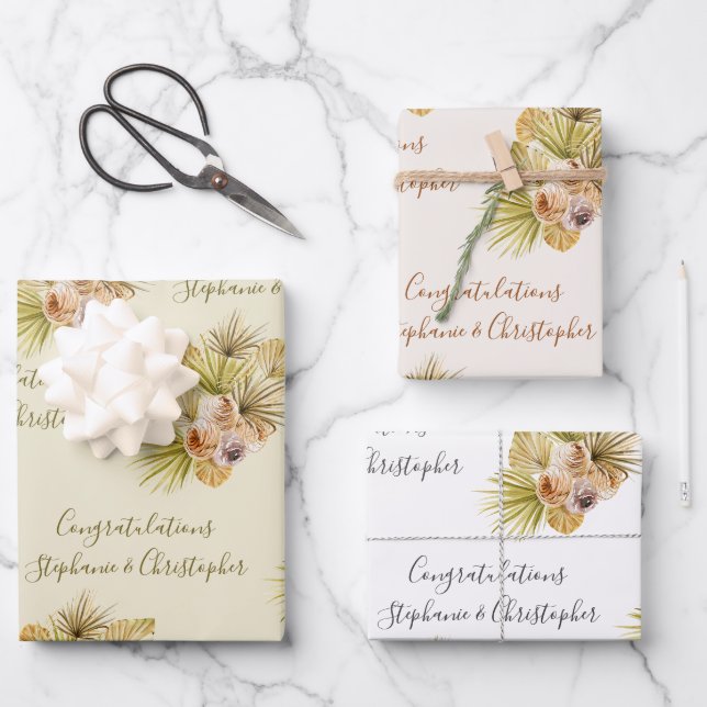 Feuille De Papier Cadeau Boho Floral Séchées Palm Nom Mariage (Recto)