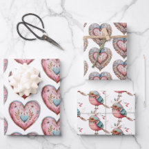 Boho Hearts & Bird Wrapper Paper Set de 3