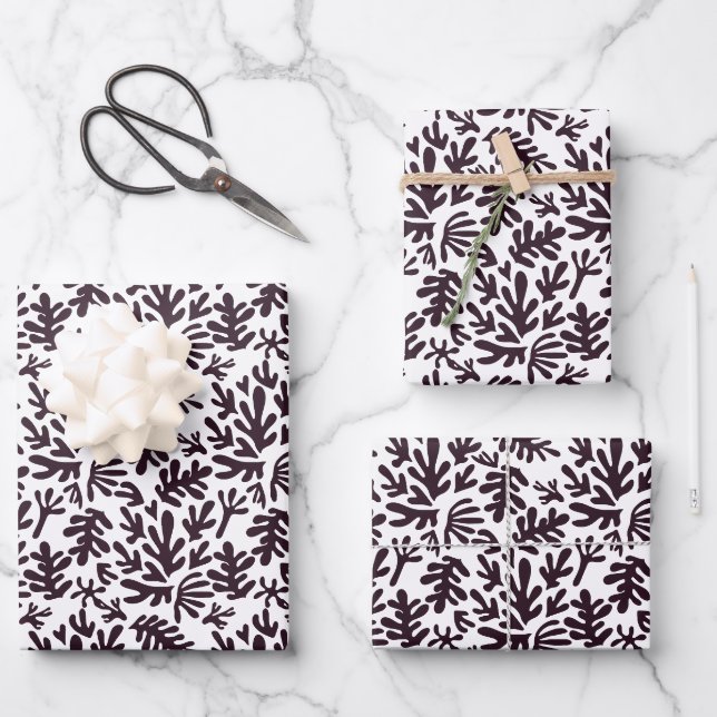 Feuille De Papier Cadeau Boho Matisse Formes Botaniques Motif Noir Blanc (Recto)