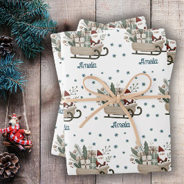 Feuille De Papier Cadeau Boho Père Noël sur la seligh avec des cadeaux Snow