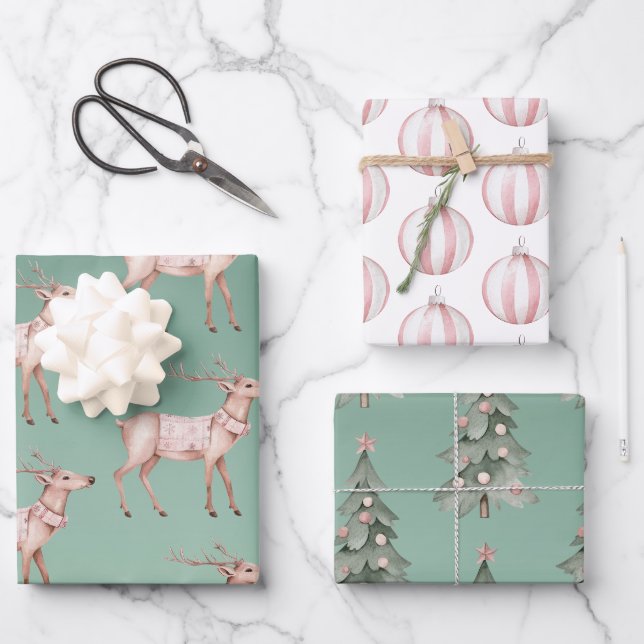 Feuille De Papier Cadeau Boho Pink Green Noël Cerfs Arbres (Recto)
