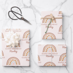 Feuille De Papier Cadeau Boho rose Brown arc-en-ciel Nom personnalisé Anniv