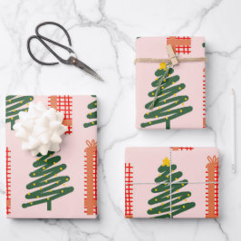 Feuille De Papier Cadeau Boho Rose Vert Rouge Noël Arbres de Noël Fêtes