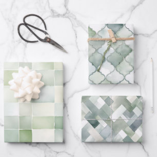 Feuille De Papier Cadeau Boho Sage Vert Aquarelle Motifs géométriques