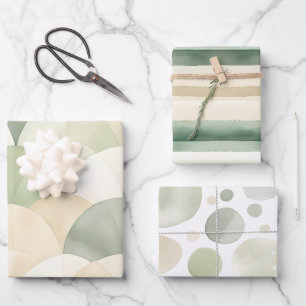 Feuille De Papier Cadeau Boho Sage Vert Beige Aquarelle Abstraite
