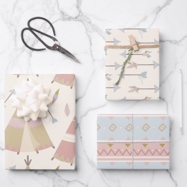 Feuille De Papier Cadeau Boho Teepee Flèches Baby shower pastel (Recto)