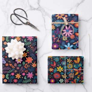 Feuille De Papier Cadeau Boho vintage les années 70 rétro Hippie Style Fleu