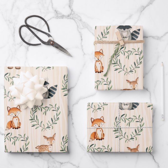 Feuille De Papier Cadeau Bois Bébé Forêt Animal (Recto)