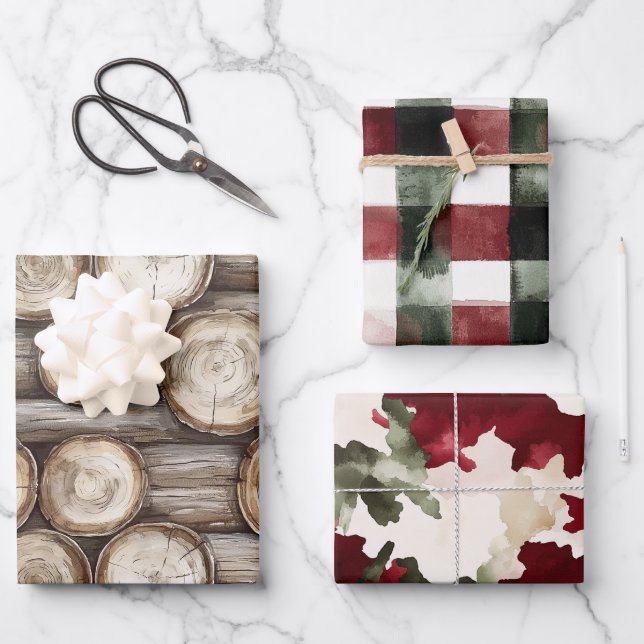 Feuille De Papier Cadeau Bois Cabine rouge vert Noël (Recto)