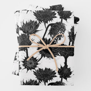 Feuille De Papier Cadeau Bois Imprimer tournesol noir et blanc