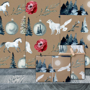 Feuille De Papier Cadeau Bois rustique d'hiver Kraft Blanc Cheval Renard & 