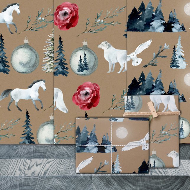 Feuille De Papier Cadeau Bois rustique d'hiver Kraft Blanc Cheval Renard &  (Rustic Kraft White Horse Arctic Fox Snowy Owl Christmas Holiday Gift Wrapping Paper Sheets Trio)