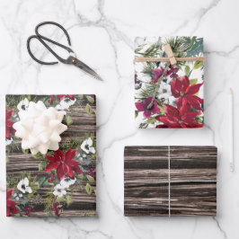 Feuille De Papier Cadeau Bois rustique Poinsettias rouge aiguilles de pin N
