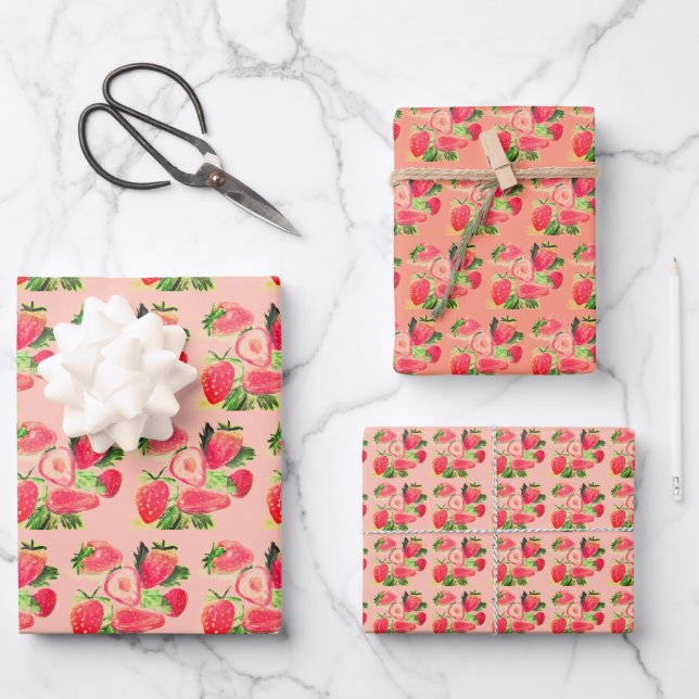 Feuille De Papier Cadeau Bonne fête d'anniversaire fraise été (Recto)