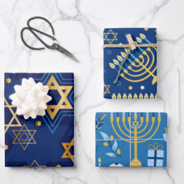 Feuille De Papier Cadeau Bonne Hanoukka Menorah Juive Étoile Bougies