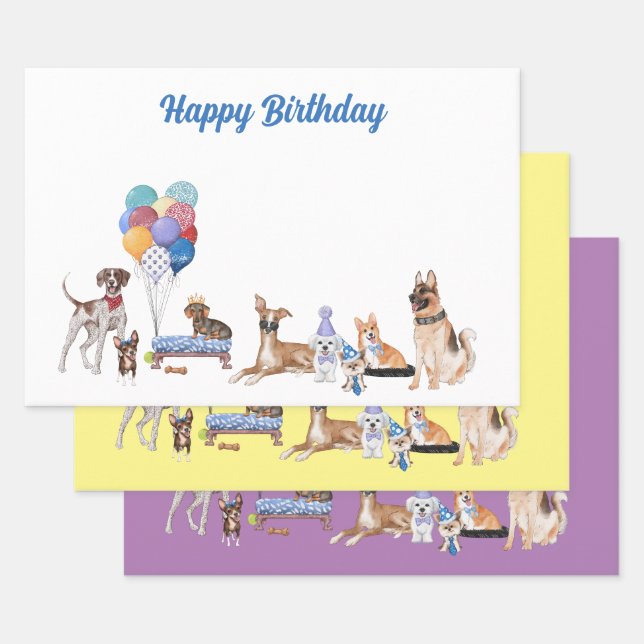 Feuille De Papier Cadeau Bonne race de chiens canins d'anniversaire (Lot)
