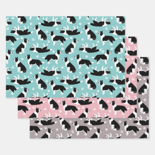 Feuille De Papier Cadeau Bordure Collie et Empreinte de patte
