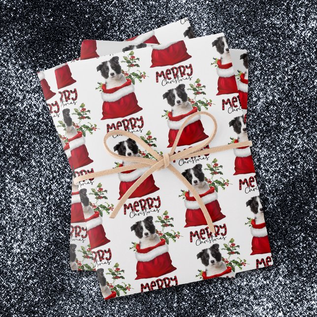 Feuille De Papier Cadeau Bordure Collie Puppy dans le sac cadeau de vacance (Créateur téléchargé)