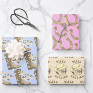 Feuille De Papier Cadeau Bot disco cowgirl fer à cheval rose bleu beige or